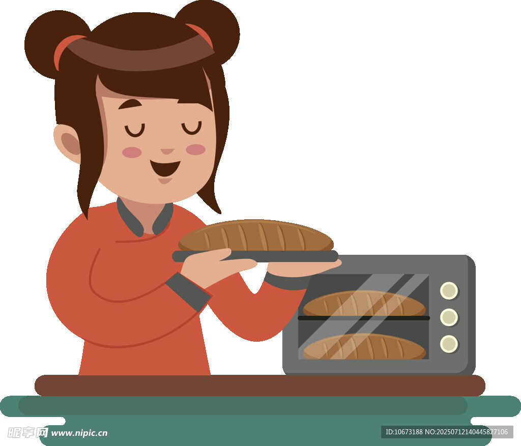 女孩开心取出烤箱中面包