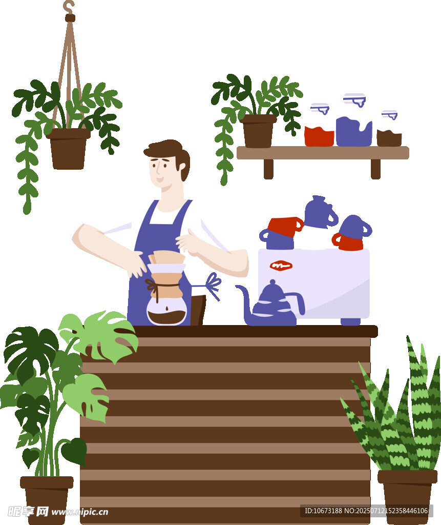 咖啡师在绿植环绕吧台制作咖啡