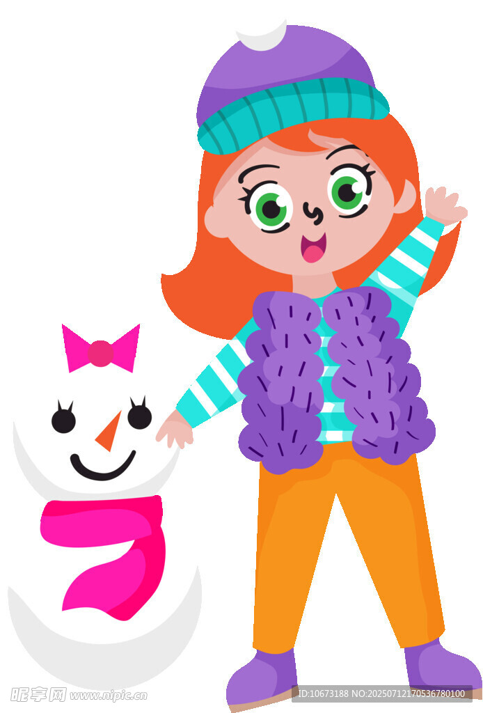 女孩与雪人欢乐相伴
