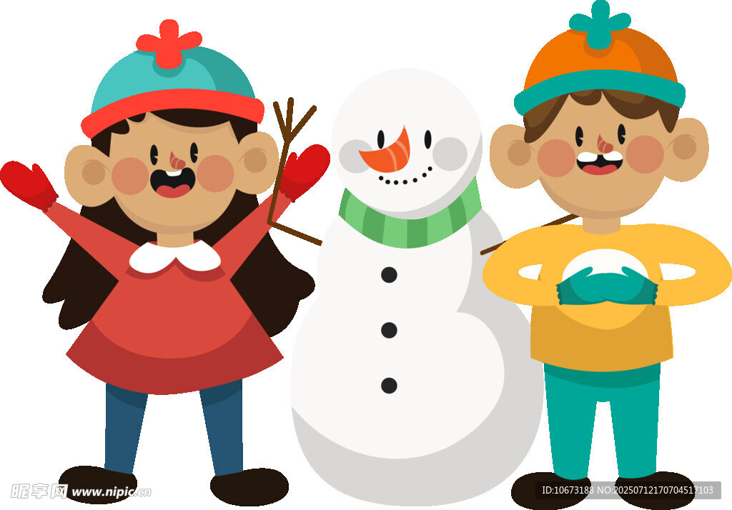 孩子与雪人欢乐相伴