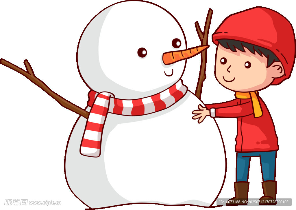 小男孩与可爱的雪人互动