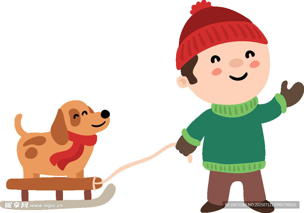 男孩拉雪橇犬冬日出行