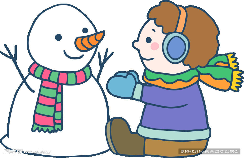 小孩与雪人互动的温馨场景