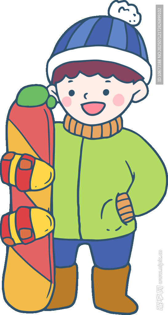 男孩手持多彩滑雪板