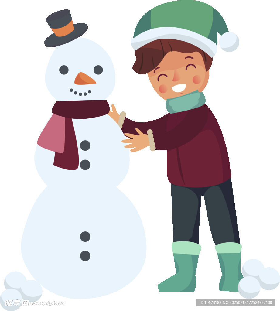 男孩开心堆雪人