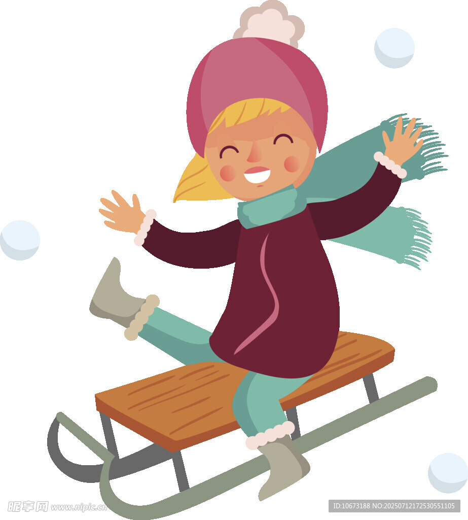 女孩欢快地坐着雪橇滑行
