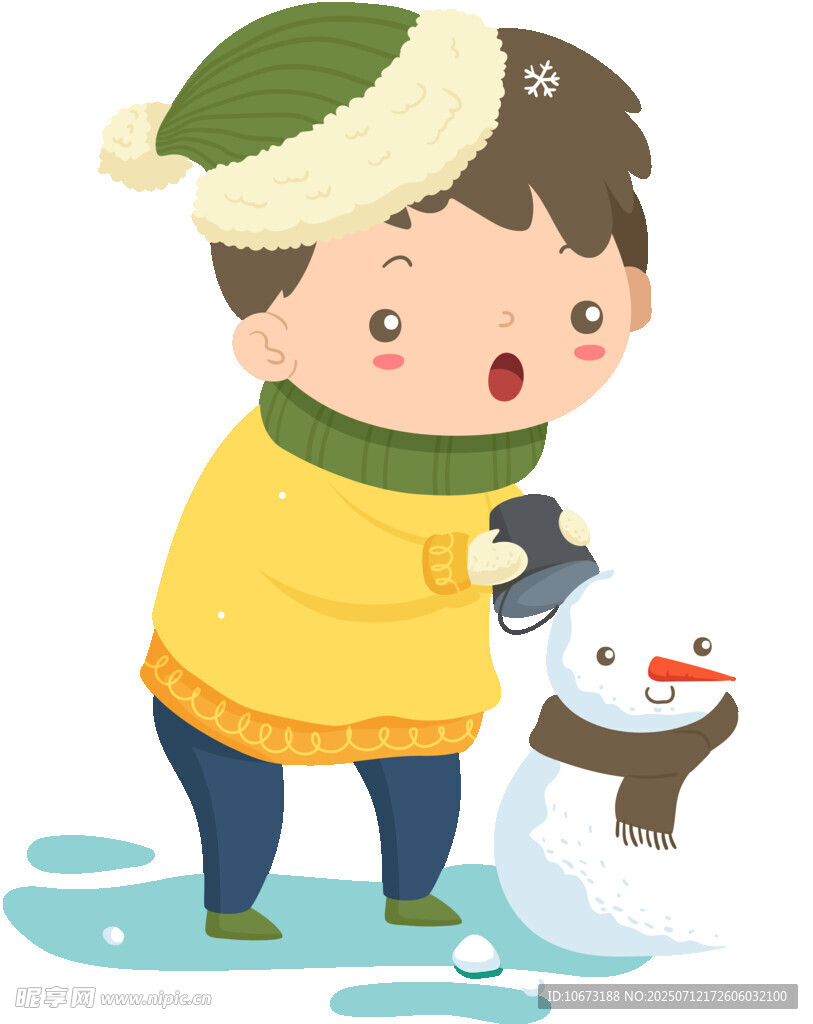 小男孩开心堆雪人场景