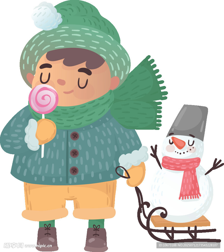 冬日男孩与雪人甜蜜时刻