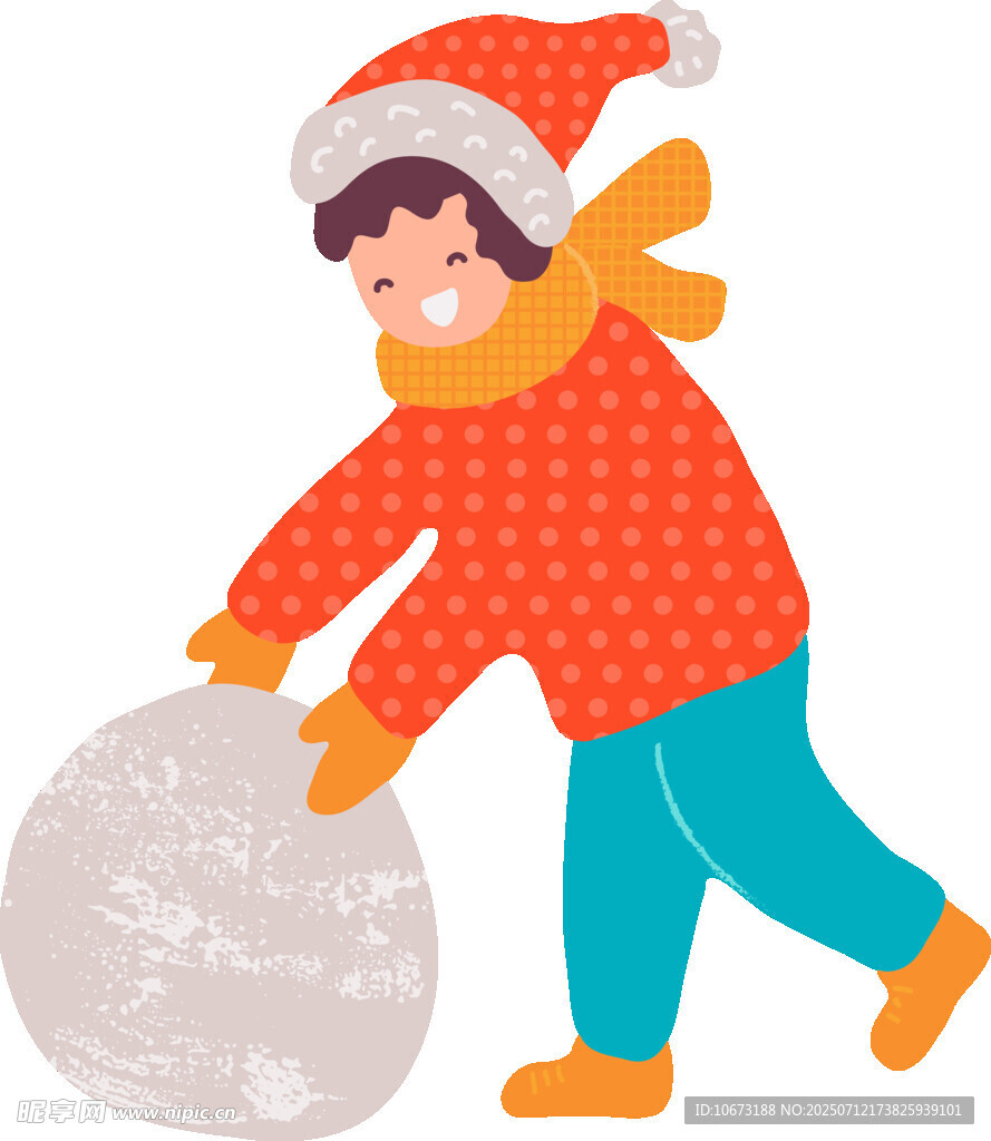 戴圣诞帽的孩子滚雪球