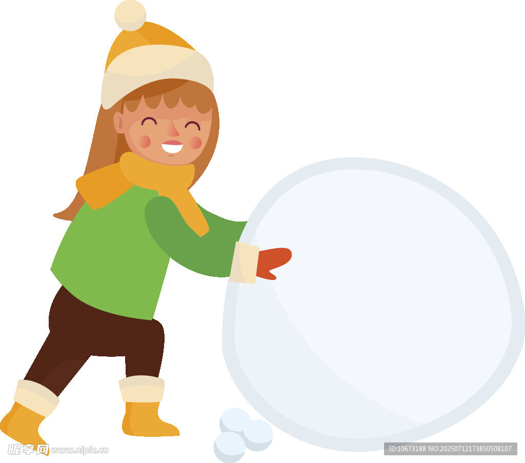 小女孩开心地滚着大雪球