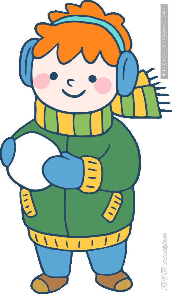 戴耳罩抱雪球的快乐男孩