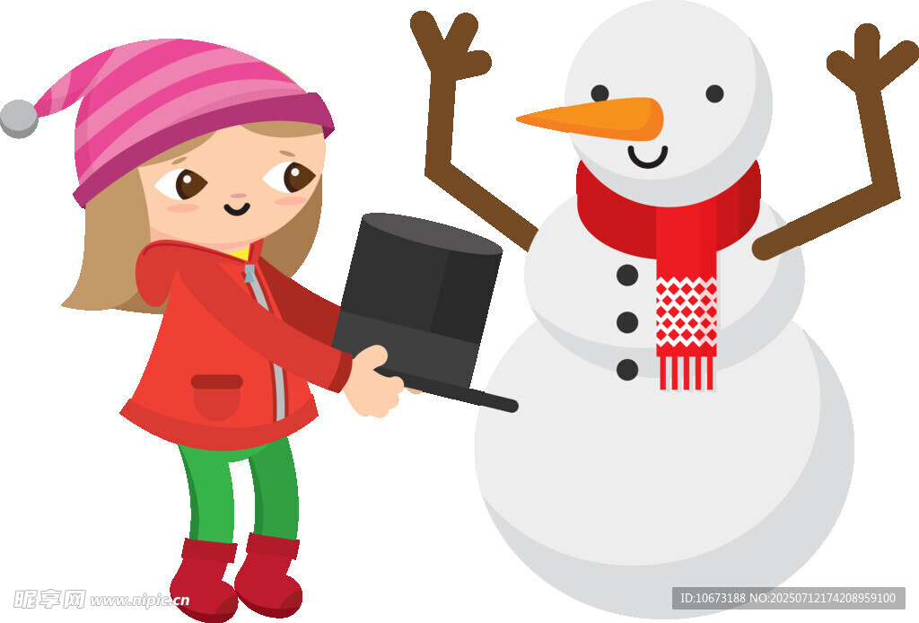 女孩为雪人戴礼帽