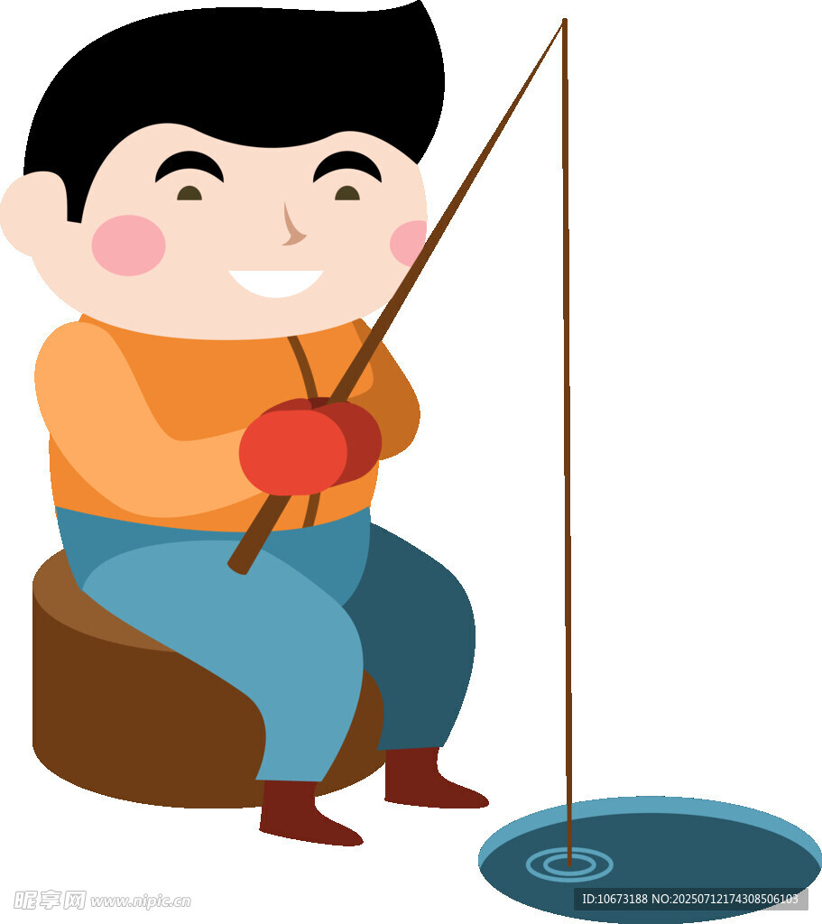 小男孩专注钓鱼场景