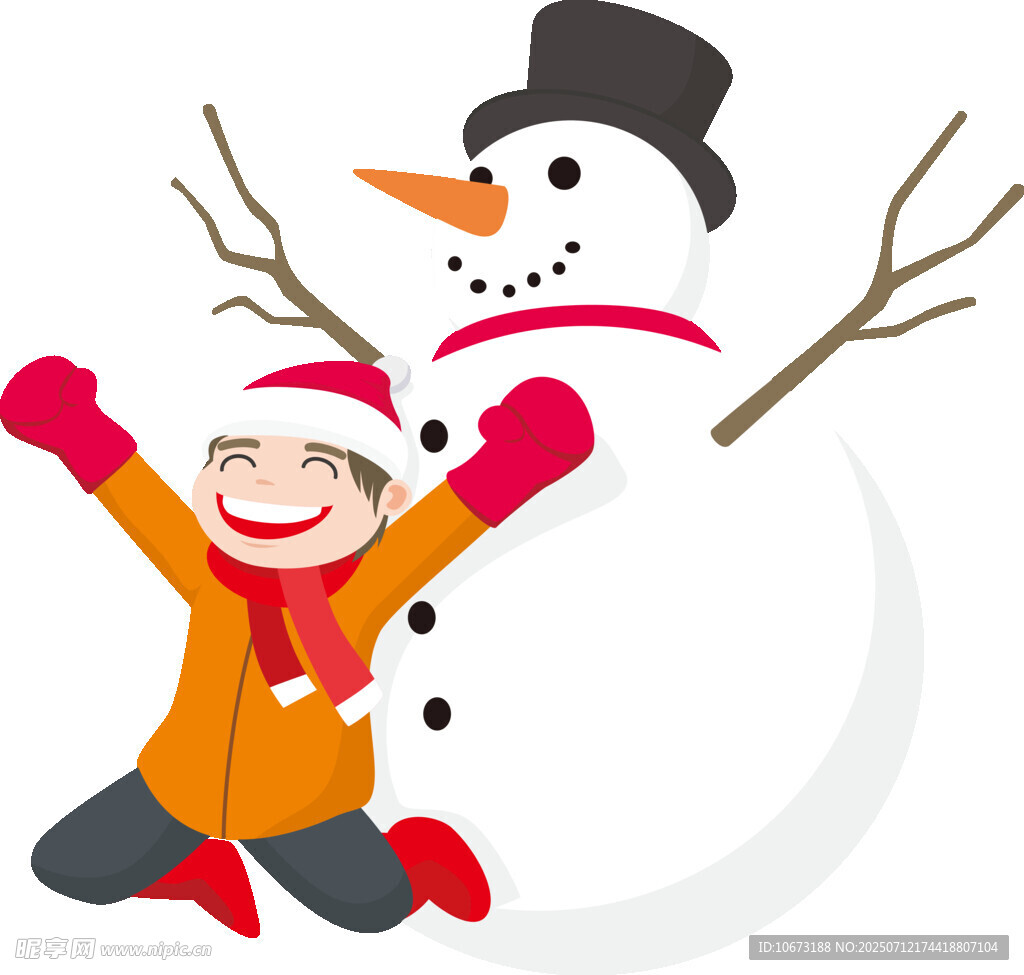孩子欢快地与雪人合影