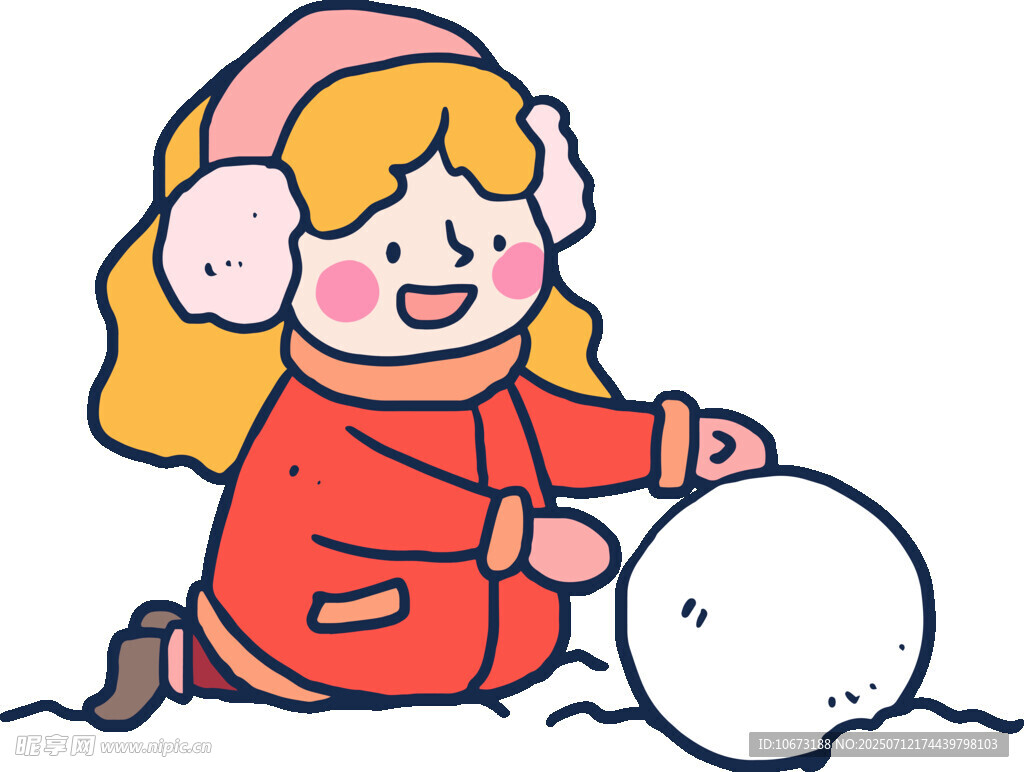 小女孩开心地滚雪球