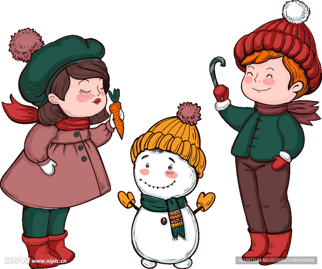 儿童冬日欢乐堆雪人场景