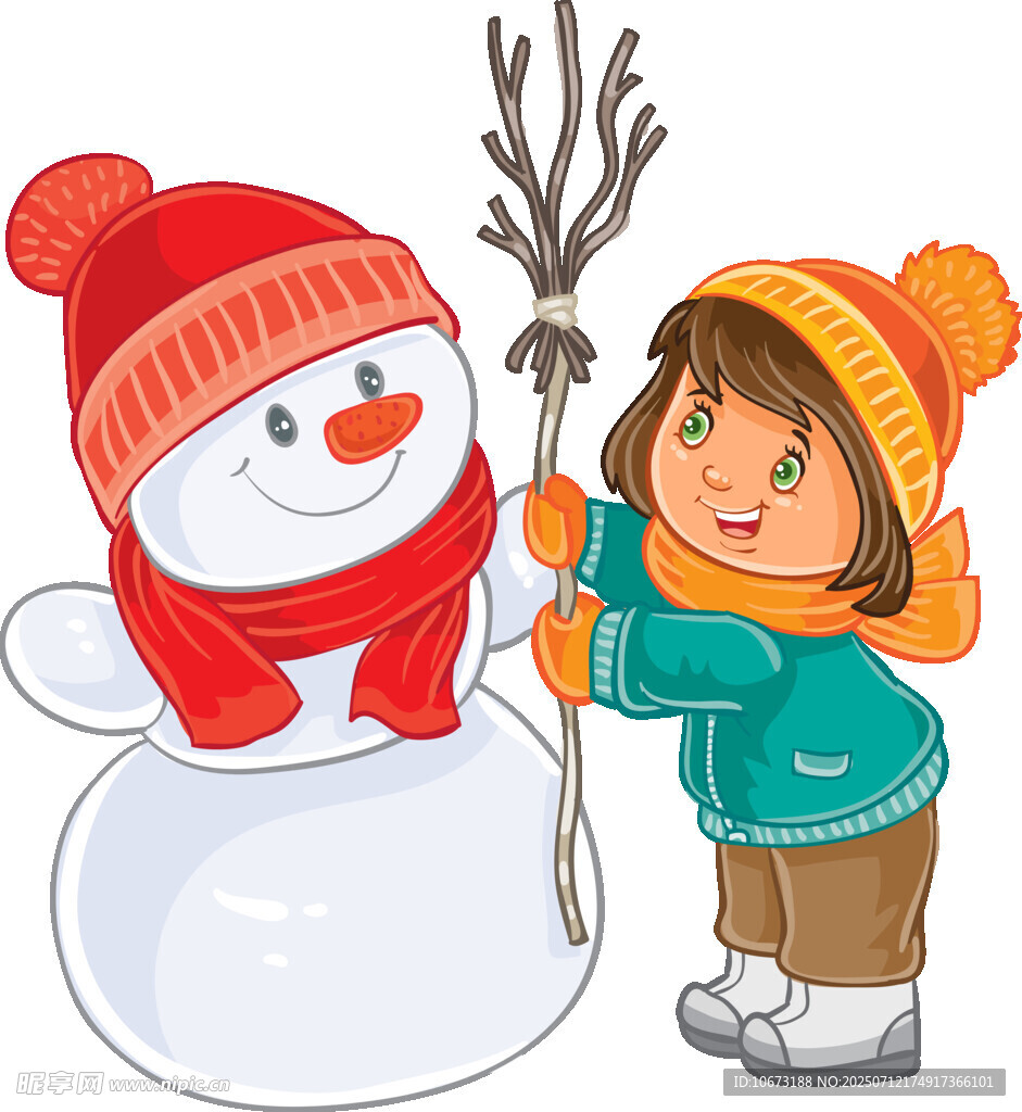 小女孩开心堆雪人