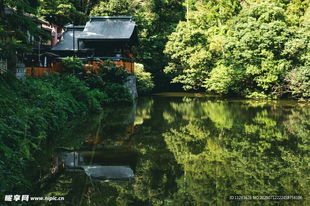 河畔绿荫中的静谧小屋