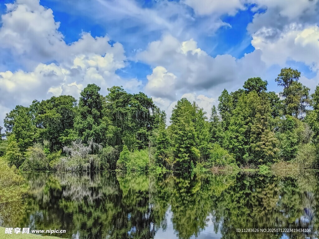 湖畔绿树蓝天倒影美景