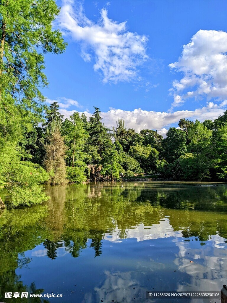 湖畔绿树蓝天美景