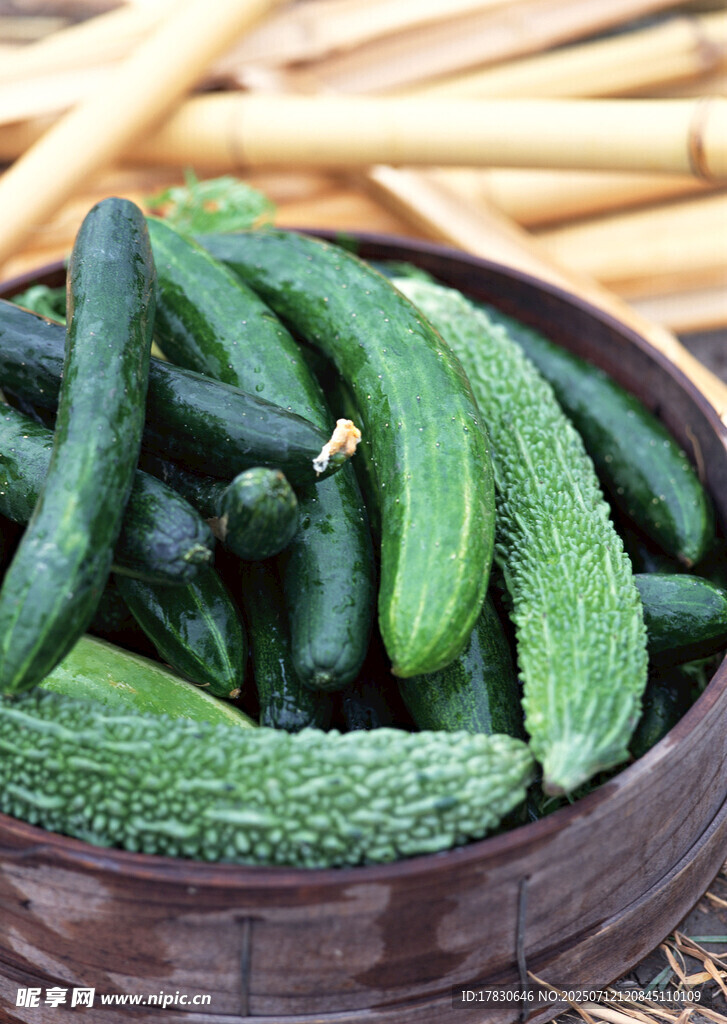 木盆中的新鲜翠绿黄瓜