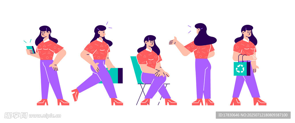 女子多样行走姿态插画