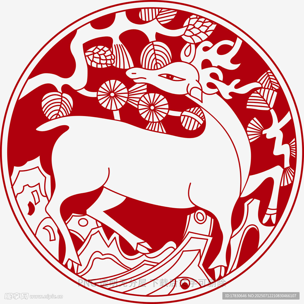 中式剪纸风祥瑞白鹿图案