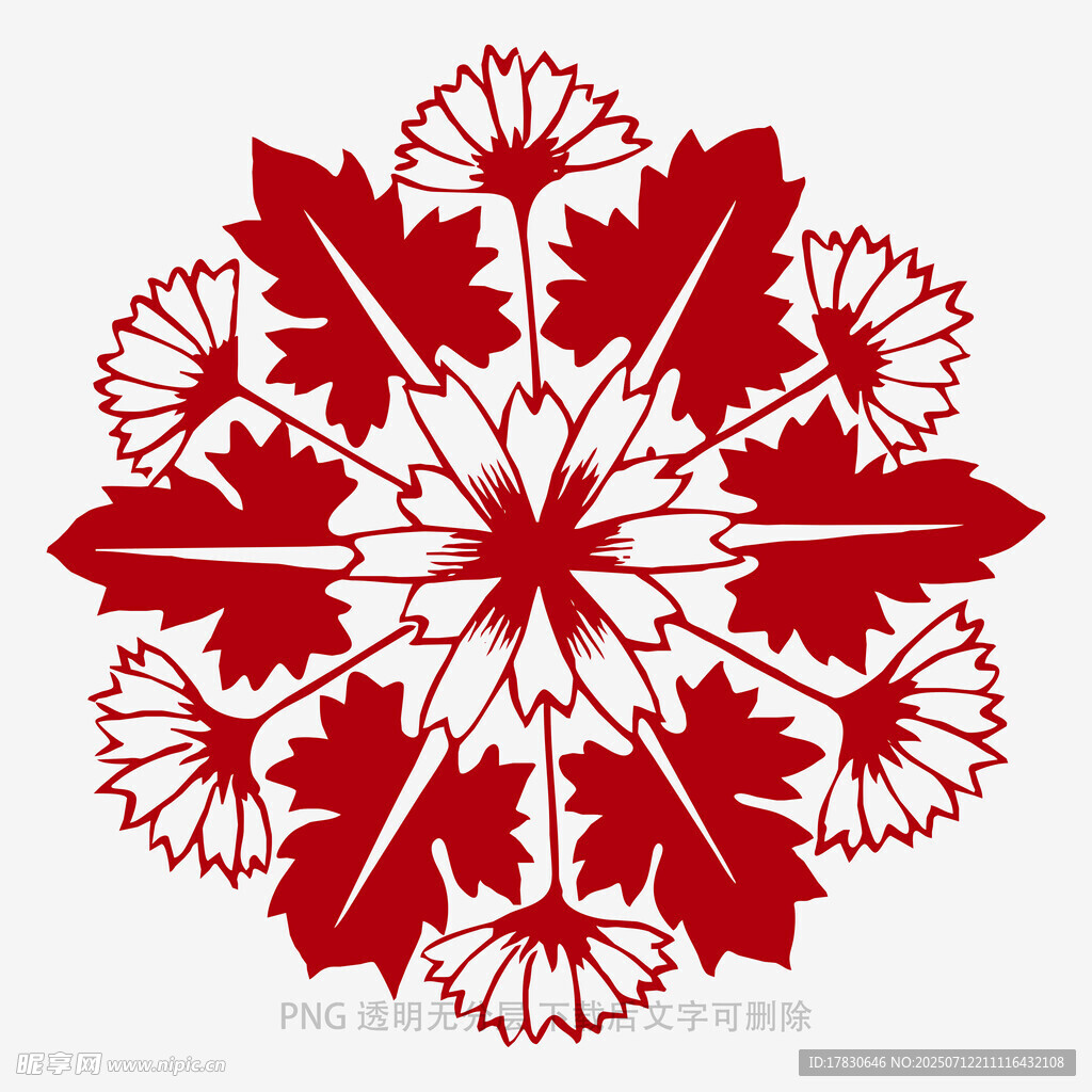 红色枫叶雪花剪纸图案