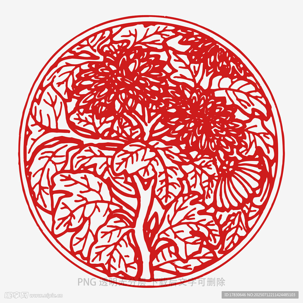 圆形红色花卉树木剪纸图案