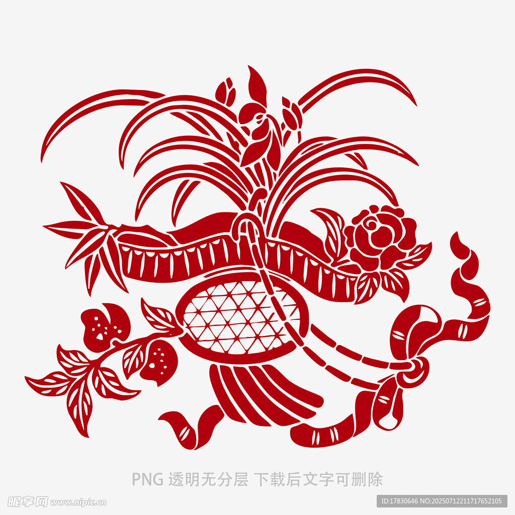传统剪纸风吉祥花篮图案