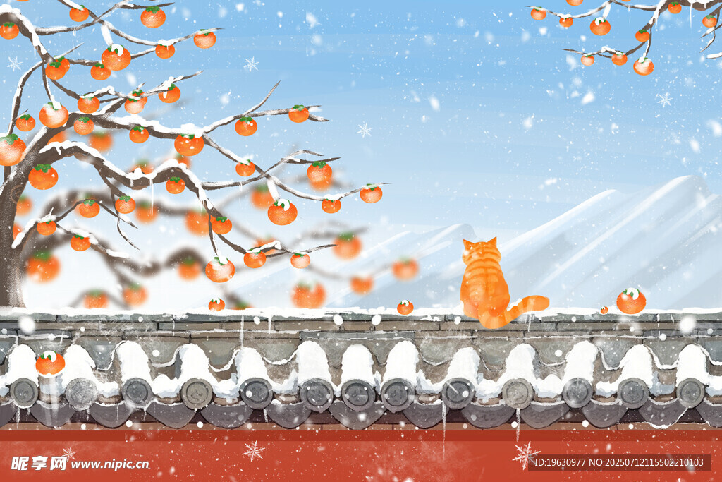 雪后墙头橘猫赏景