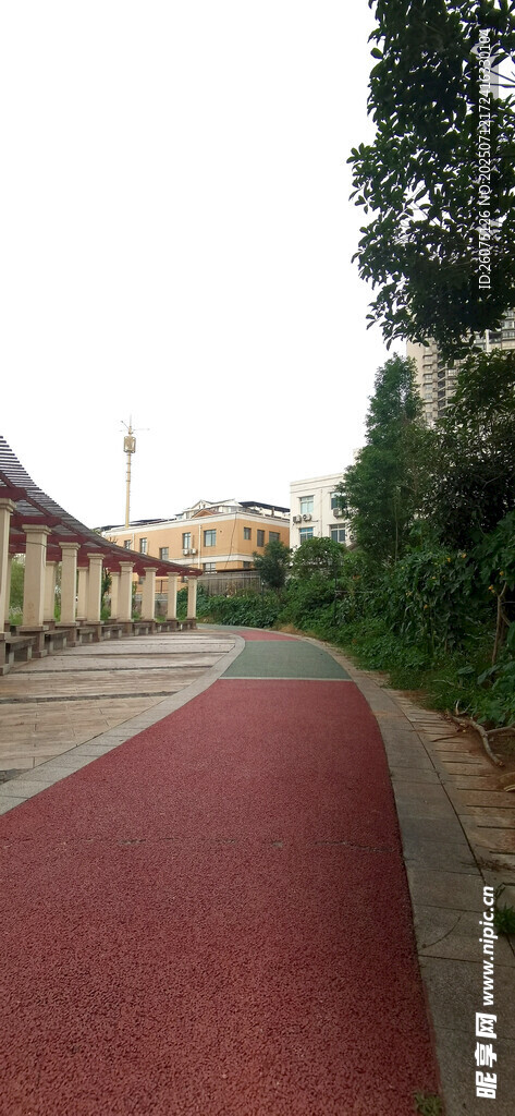 红色步道旁的建筑风景