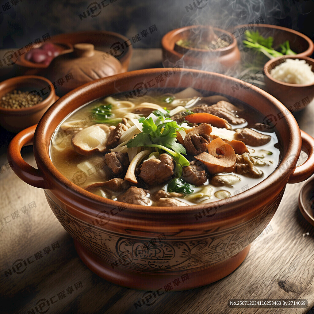 土碗装羊汤锅