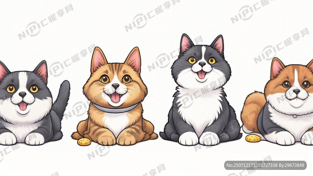 四种不同猫和狗的卡通头像并排放