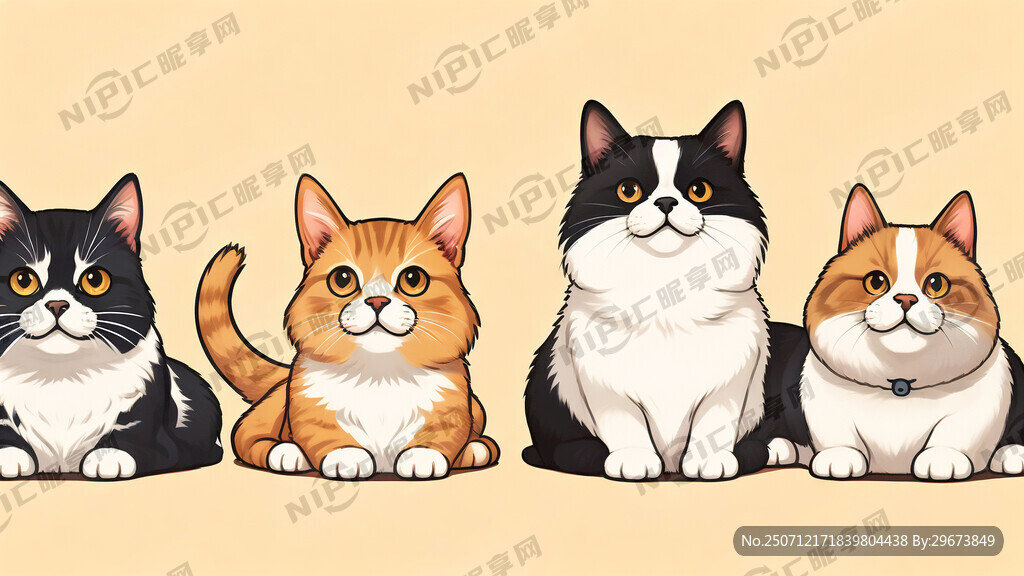 四种不同猫和狗的卡通头像并排放
