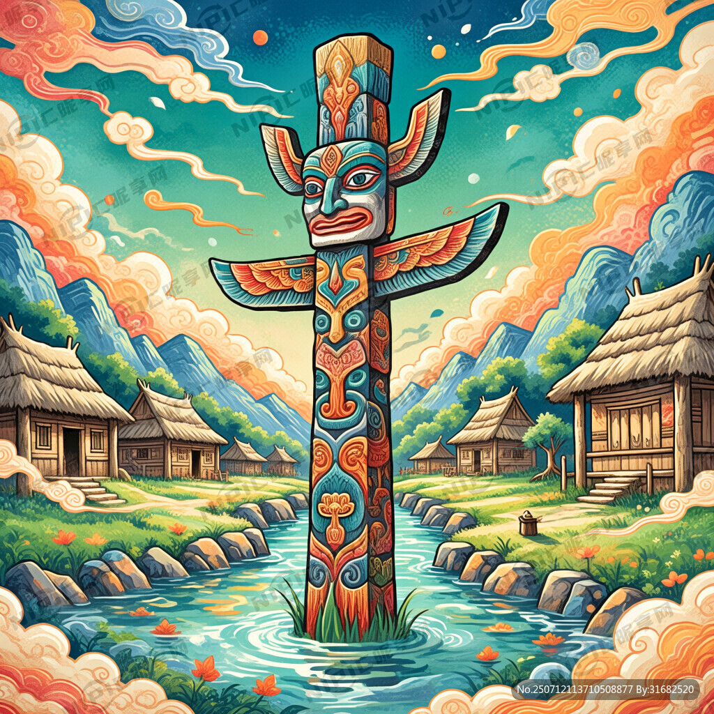 马图腾 部落 图腾柱 插画