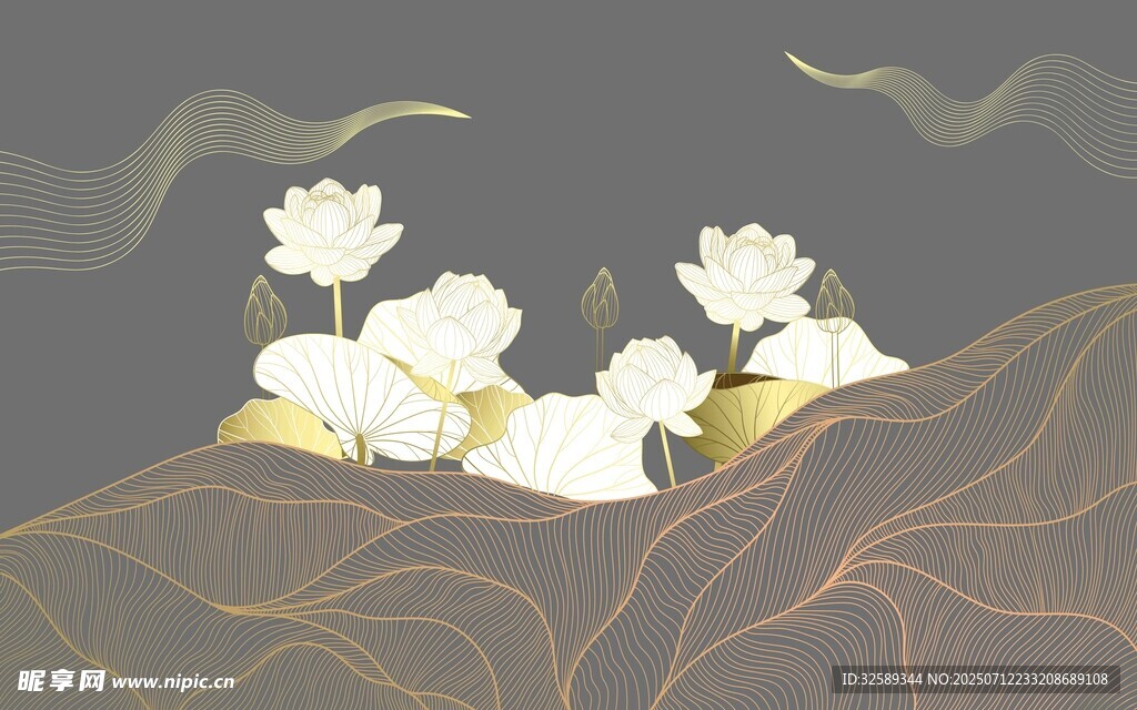 水墨风花卉山丘景象