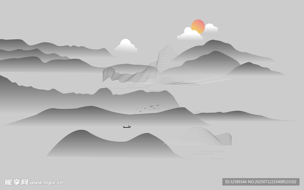 水墨群山间的初升红日