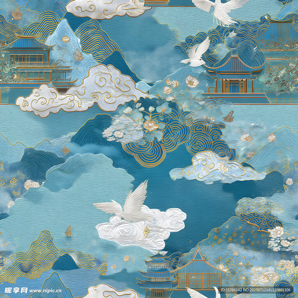 中式古风云海仙鹤建筑图