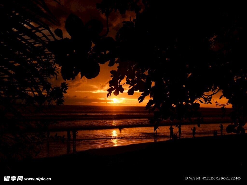 夕阳下的湖畔剪影美景