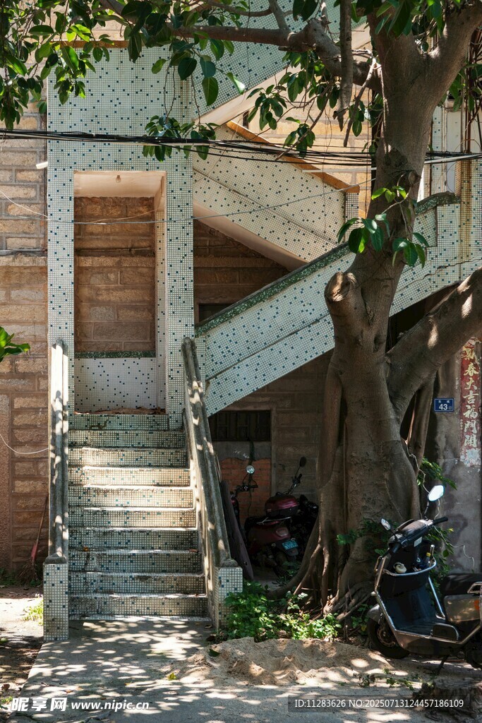 老旧建筑旁的静谧庭院