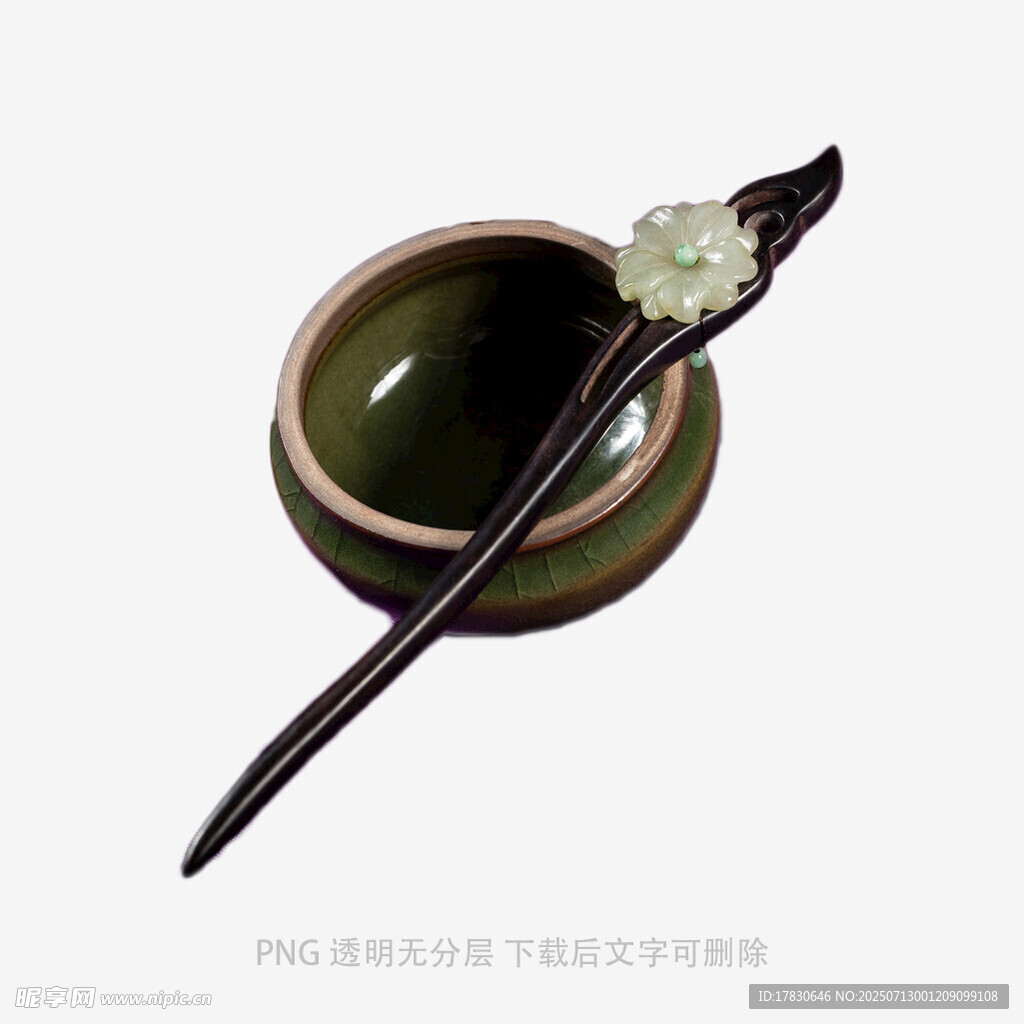 古风玉簪置于古朴碗旁