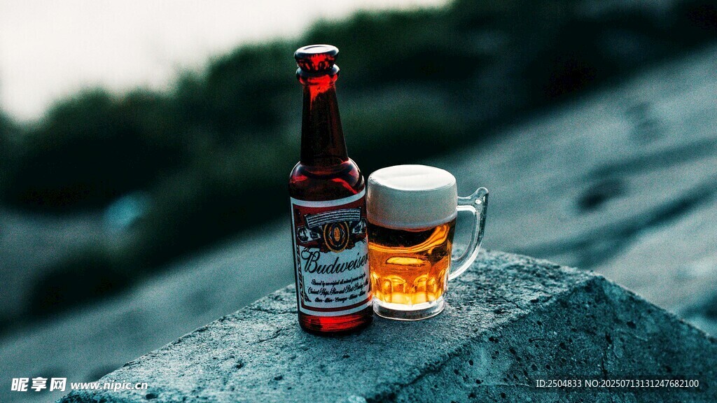 户外岩石上的啤酒与杯