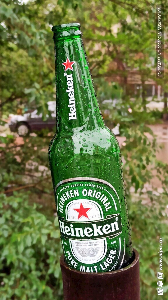 喜力啤酒瓶置于绿意背景中