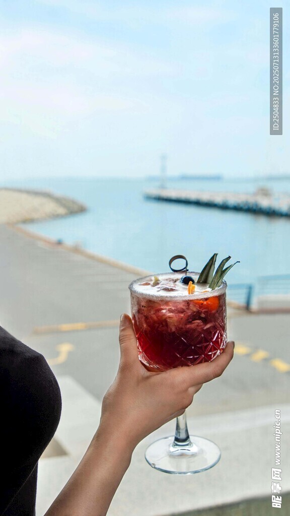 手持美酒赏海景