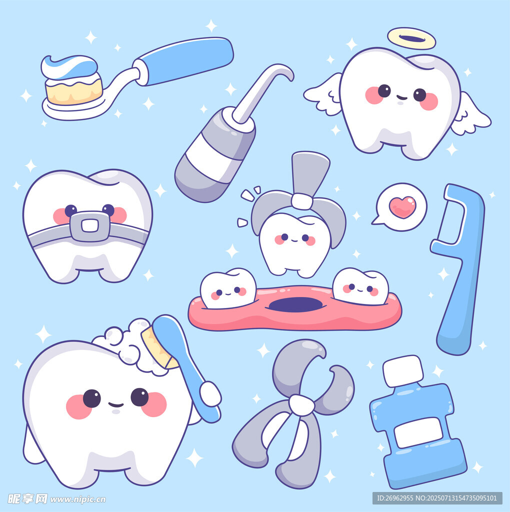 可爱卡通牙齿护理插图