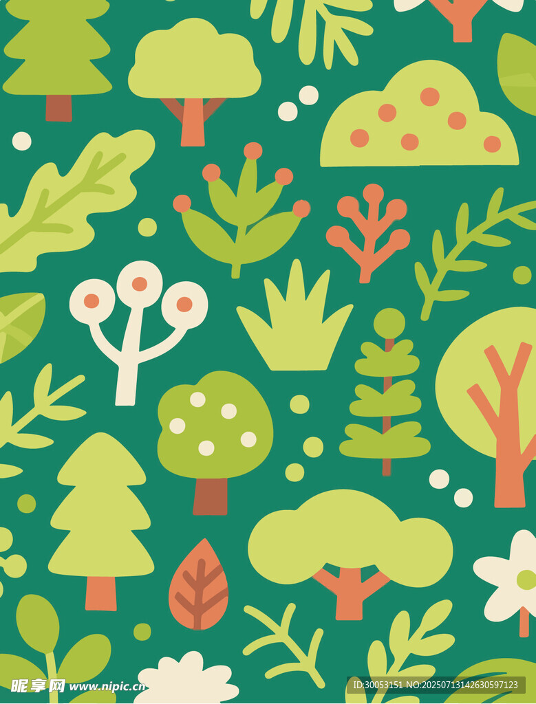 清新森林植物图案插画