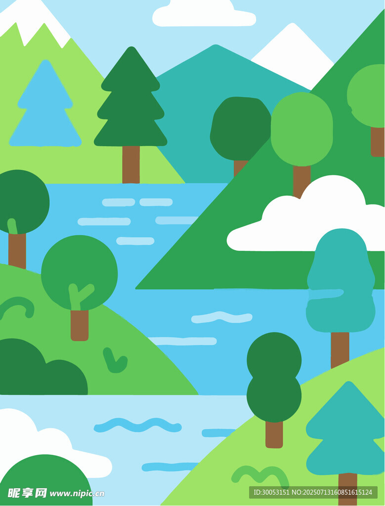 清新山林河流风景插画