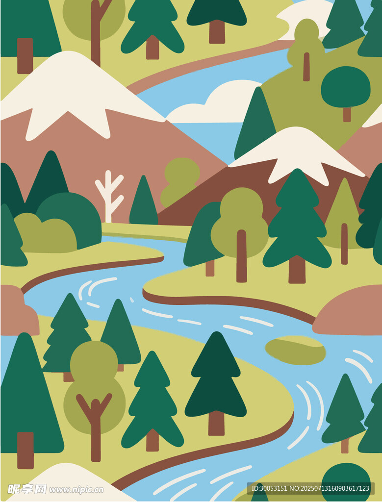 山间溪流森林风景插画
