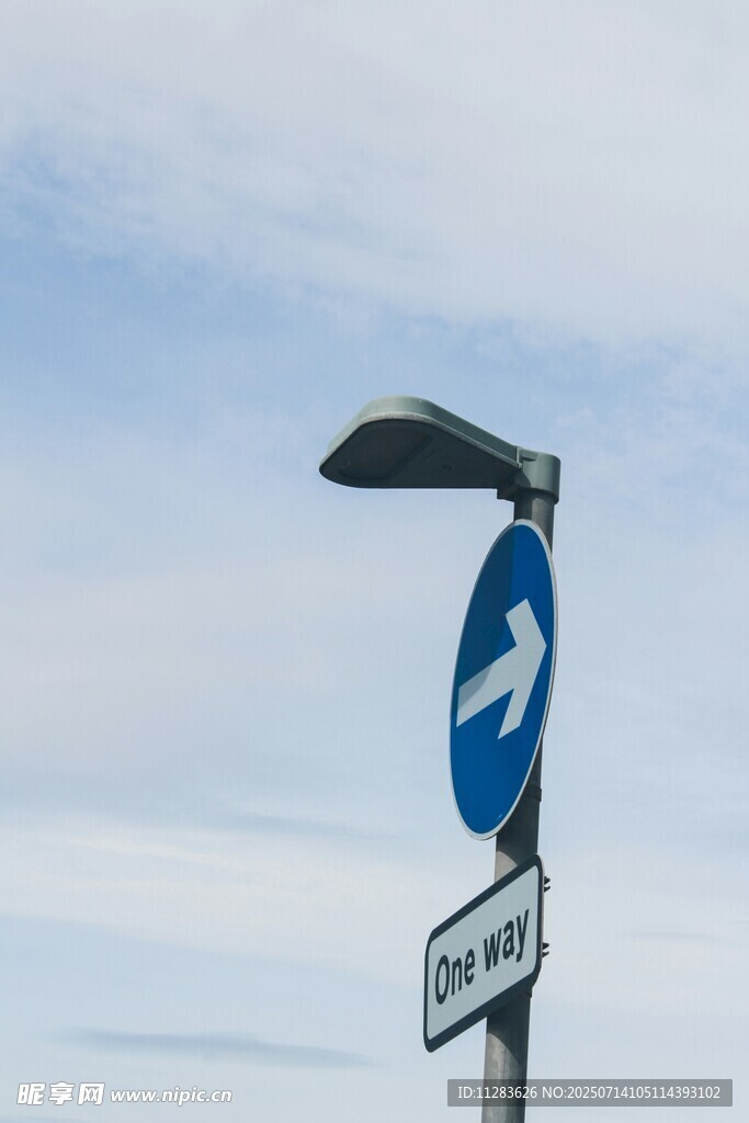 单行道指示牌与路灯